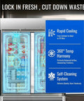 Top Tier Commercial Reach In Refrigerator Double Door Stainless Steel 49.6 Cubic Foot showing interior with food and drinks.
