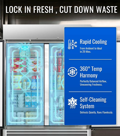 Top Tier Commercial Reach In Refrigerator Double Door Stainless Steel 49.6 Cubic Foot showing interior with food and drinks.