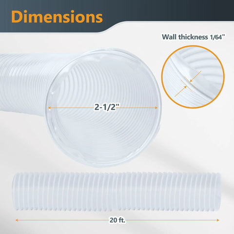 2.5 Inch Flexible Dust Collection Hose 20 Ft Left Spiral PVC Vacuum Hose dimensions showing 2-1/2 in diameter and 20 ft length