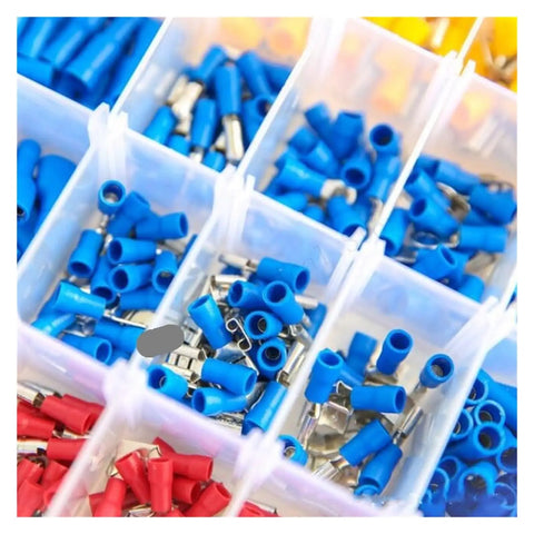 Ditch The Guesswork With This Epic 720Pc Assorted Insulated Electrical Wire Crimp Connector Kit Featuring Spade Butt Ring Fork Lugs And Rolled Terminals For Any Hot Wiring Project That Needs To Get Done Right. Blue and red insulated crimp connectors in a storage box