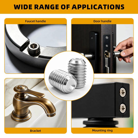 540 Piece Stainless Steel Pro Grade Set Screw Kit With Allen Hex Socket Grub Screws And Wrench All In One Includes M2 M3 M4 M5 M6 M8 for Door Handles Locks Electronics and Bathroom Fixtures shown in application