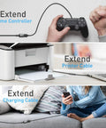 Ultra Long 10FT USB 3.0 Extension Cable Type A Male To Female connects game controller, printer, and charging cable for versatile use.