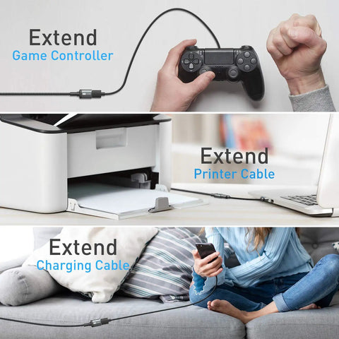 Ultra Long 10FT USB 3.0 Extension Cable Type A Male To Female connects game controller, printer, and charging cable for versatile use.