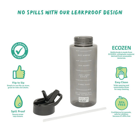 1L Hydration Tracker Bottle With Flip Up Straw, Hourly Markings, And Easy Sip Tech For Workouts, Runs, Hikes, Black, ECOZEN material