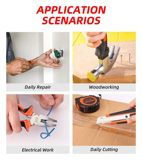 All In One 14 Piece Home And Auto Repair Tool Set With Hammer, Pliers, Screwdrivers, Tape Measure And Sturdy Toolbox Case used in various tasks