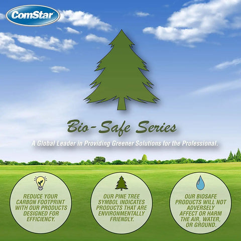 ComStar Bio-Safe Series product benefits graphic with green pine tree symbol and eco-friendly messages on grassy landscape background.