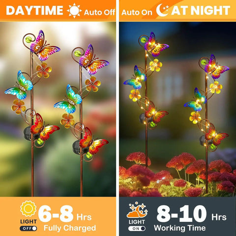 Butterfly Solar Stake Lights 2 Pack Waterproof Outdoor Decor For Garden Lawn Patio Courtyard With Warm Yellow LED Glow Wrapped Around Butterfly Design Solar Powered Landscape Pathway Lights For Nighttime Ambiance, showing daytime and nighttime views.