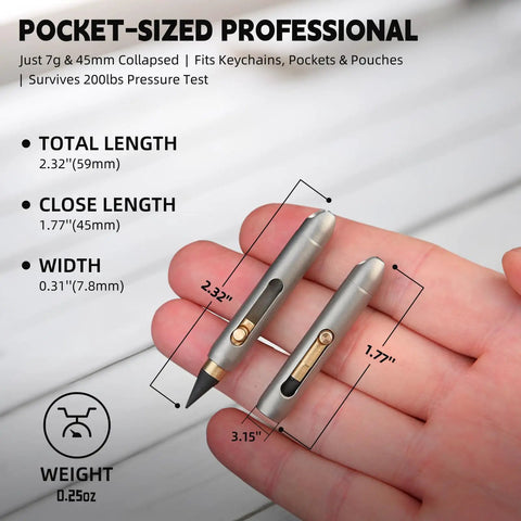 Mini Titanium Infinity Pencil Inkless Writing Tool With Graphite Tip 2.32 Inch Open Length Keychain Design in hand showing dimensions