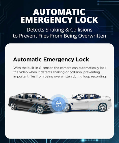 Image showcasing the Automatic Emergency Lock feature of Front Car Dash Cam A119 V3 2K 2560X1440P Quad HD Plus 60fps.