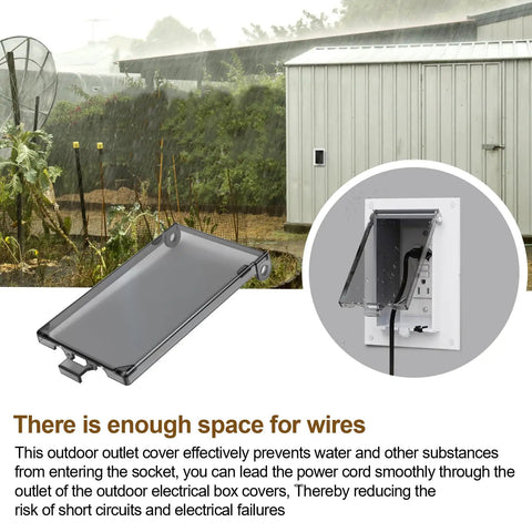 One Gang Vertical Recessed Outdoor Electrical Outlet Box Replacement Cover Featuring Clear Weatherproof Lens compatible with Type 3R, open with power cord.