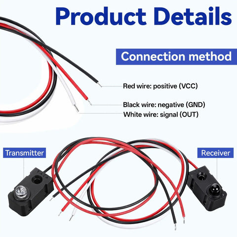 Through Beam Photoelectric Sensor 5mm IR Break Beam Counting Module with 30cm Cable showing connection method details with transmitter and receiver