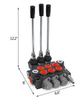 Front view of three-spool hydraulic control valve with black lever handles and red port outlets on a metal body.