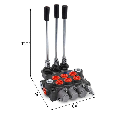 Front view of three-spool hydraulic control valve with black lever handles and red port outlets on a metal body.
