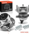 Two-Pack Rear Wheel Bearing And Hub Assemblies With ABS For Ford Focus 2012-2018, 5-Lug displayed with bolts and packaging