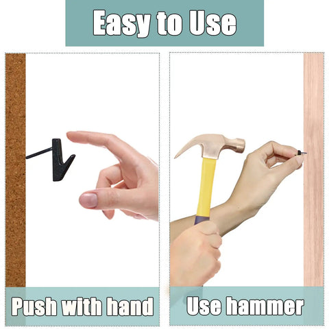 Demonstration of using Stainless Steel Picture Hanging Nails And Hooks 30 Pack Heavy Duty Push Pins Thumbtacks for walls with hand and hammer.