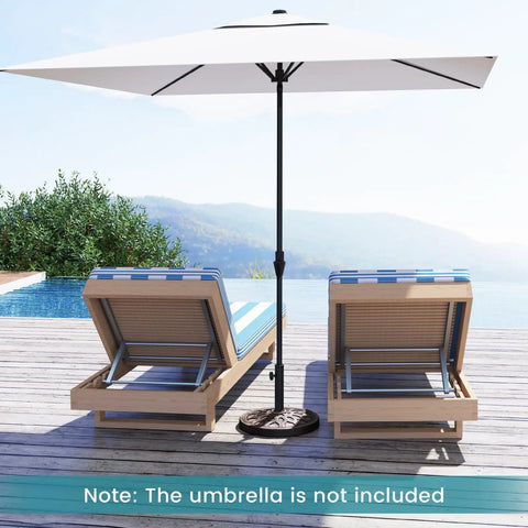 Beefy 30 Lb Umbrella Base With Adjustable Knob For 1.5 To 1.9 Inch Poles holding patio umbrella between two deck chairs by pool
