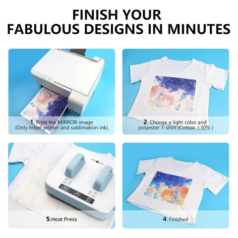 Step-by-step process using 8.5x11 Sublimation Paper 150 Sheets 105G High Ink Release For Tumblers Mugs And T Shirts With Vivid Color Transfer Pro DIY Dye Sublimation Paper For Home Crafting And Small Batch Projects