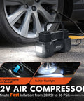 Black 12V car air compressor with built-in LED flashlight and LCD display