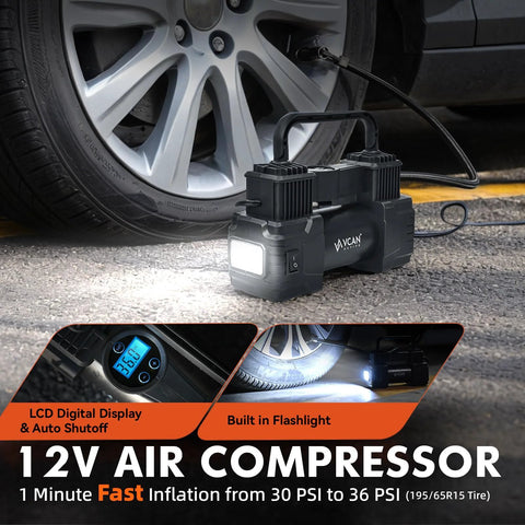 Black 12V car air compressor with built-in LED flashlight and LCD display