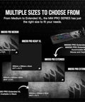 Comparison of MM PRO series mouse pads including MM350 PRO Extended XL, showing dimensions and various sizes for gaming setups.