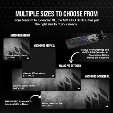 Comparison of MM PRO series mouse pads including MM350 PRO Extended XL, showing dimensions and various sizes for gaming setups.