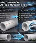 Comparison image showcasing the advantages of the Heavy Duty 4 In 1 Water Pipe Threader Tool for PVC and copper pipes.