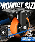 4 Inch Caster Set Of 4 Dual Locking PU Casters With 2400Lb Capacity Swivel Wheels For Furniture Workbenches And Tool Carts