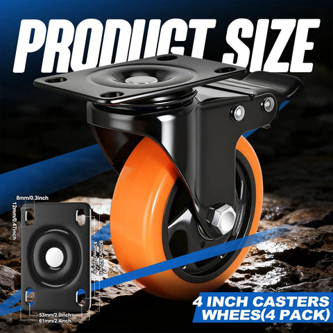 4 Inch Caster Set Of 4 Dual Locking PU Casters With 2400Lb Capacity Swivel Wheels For Furniture Workbenches And Tool Carts