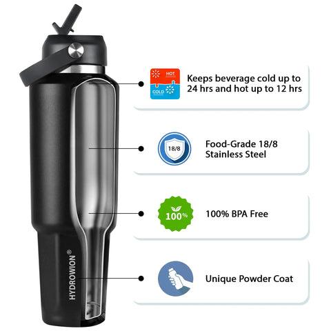 Stainless Steel Forty Oz Insulated Water Bottle Triple Wall Copper Core Keeps Cool Drinks Frosty Solid All Day With Tight Seal Straw Lid Built Different For Road Trips, side view, black color, showcasing features.