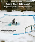 1 Hp Automatic Pool Cover Pump With 4500 GPH Submersible Water Pump shown removing water from pool cover in snowy backyard