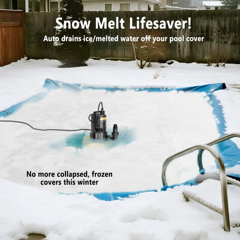 1 Hp Automatic Pool Cover Pump With 4500 GPH Submersible Water Pump shown removing water from pool cover in snowy backyard