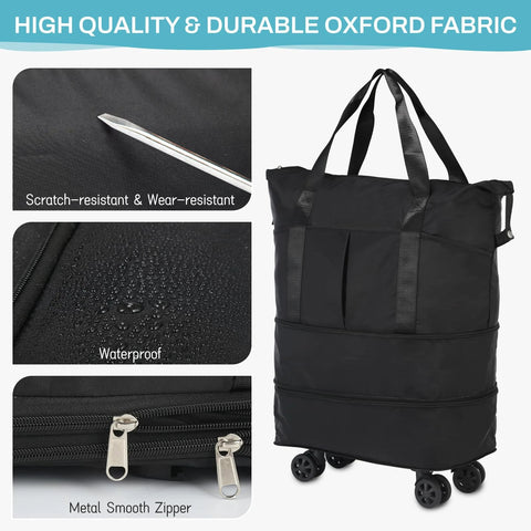 VOOWO rolling duffle bag with wheels, black oxford fabric; waterproof & scratch-resistant with metal zippers front