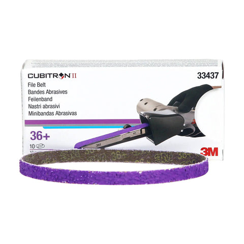 Cubitron II File Belts 36 Plus Grit 3/8 In x 13 In Resin Bonded in packaging with file belt sander image