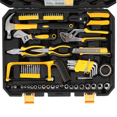 198 Piece Household Tool Kit With Plastic Toolbox, Pro Grade Chrome Finish Tools for Homeowners and DIY Enthusiasts Open Set