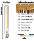 Diagram showing features of 8W Dimmable T10 LED Tubular Bulb, 8.9 inch long, 800 lumens, E26 base, soft white 3000K, energy efficient.
