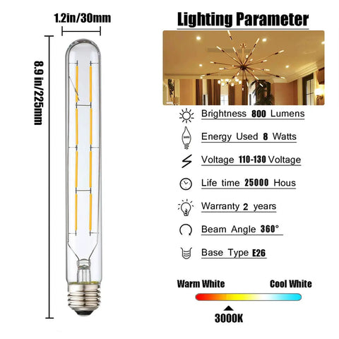 Diagram showing features of 8W Dimmable T10 LED Tubular Bulb, 8.9 inch long, 800 lumens, E26 base, soft white 3000K, energy efficient.