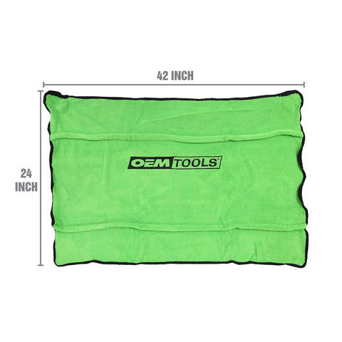 Green 42x24 inch magnetic fender cover with OEM Tools logo, showing protective soft material and dimensions