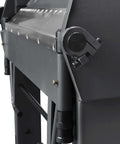 Close-up of Workhorse 40 Inch Box And Pan Brake For 12 Gauge Mild Steel, side view showcasing metal hinges and support.