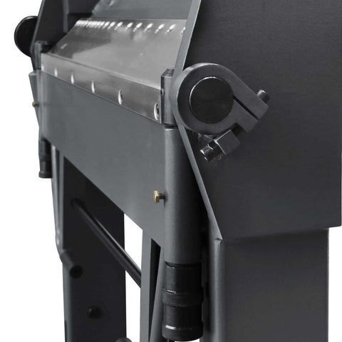 Close-up of Workhorse 40 Inch Box And Pan Brake For 12 Gauge Mild Steel, side view showcasing metal hinges and support.