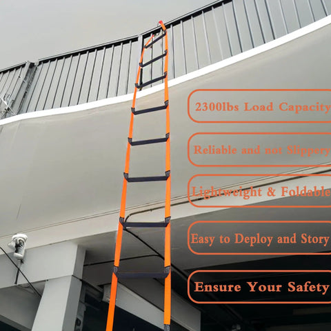 9.8 Feet Fire Escape Rope Ladder for Home Emergency Use attached to balcony, showing non-slip steps with fiberglass supports