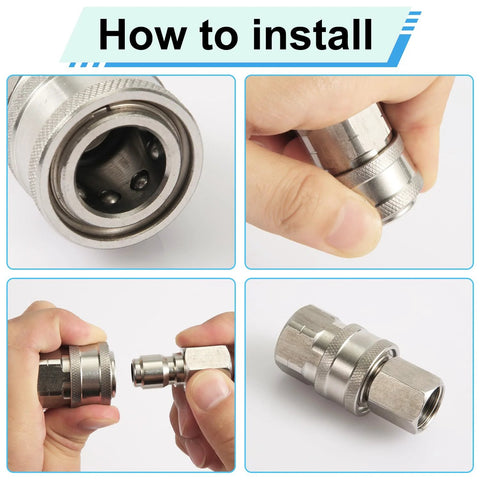 8-piece stainless steel 1/4in pressure washer quick-connect adapters set with male and female couplers; multi-view collage.
