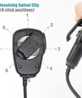 Compact Speaker Microphone With 2 Pin Screw Down Connector and 3.5mm Audio Jack, showing revolving alligator clip with hand.