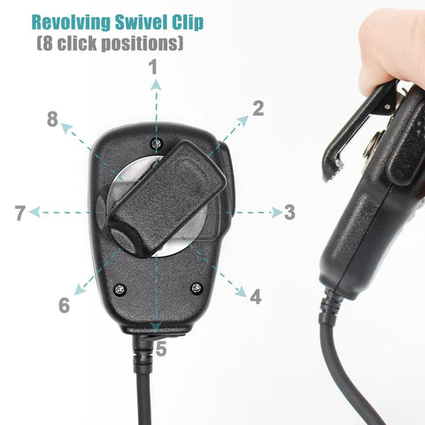 Compact Speaker Microphone With 2 Pin Screw Down Connector and 3.5mm Audio Jack, showing revolving alligator clip with hand.