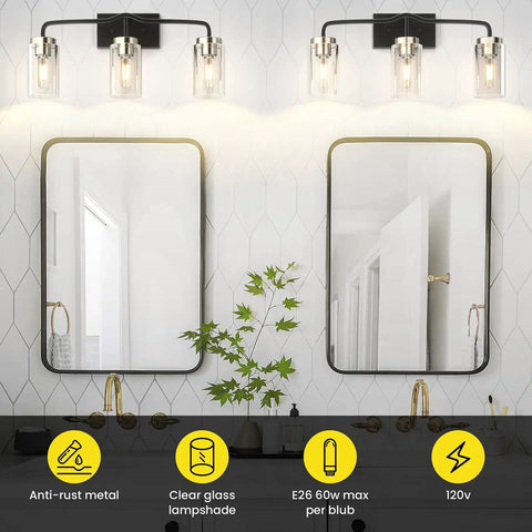 Lit Modern Bathroom Vanity Light Fixture In Matte Black, 3 Light Wall Lamp With Clear Glass Shades, Bulb Included