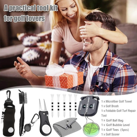 All In One Golf Accessories Kit With Bag Hook Tees Towel Cleaner Brush Ball Marker Divot Tool Score Counter On Course Gear