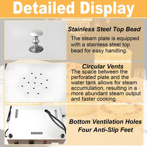Detailed view of Boss-Grade Commercial Steamer with stainless steel top bead, circular vents, and bottom ventilation holes.