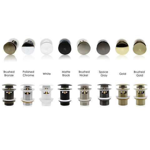 Pop Up Drain For Freestanding Bathtub In Space Gray With CUPC Certification variety of finishes including brushed bronze, white, matte black, brushed nickel, space gray, gold, and brushed gold showcased in a row.