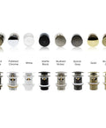 Various finishes of pop up drains for freestanding bathtubs, including polished gold, displaying top and side views.