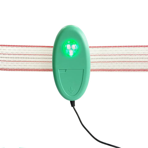 Electric Fence Tester With LED Indicator Lights For Pulsed Energizers Clip On Fence Wires Or Tape Fences Up To 40mm Tape Width mounted on tape fence