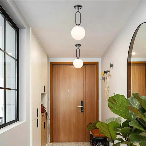Hallway with Industrial Pendant Lights Set Of 2 With Brushed Brass UFO Dome Shades And White Globe Glass Lamps For Kitchen Island